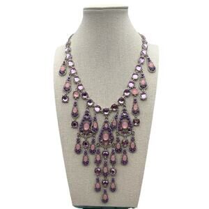 Dramatic Purple Rhinestones With Pink Cabochons Drape Chandelier Necklace